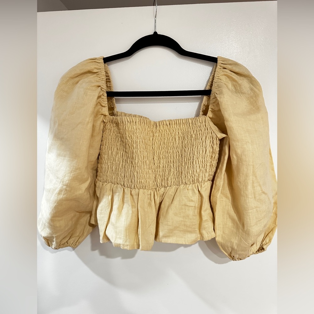Faithfull the Brand Cream Smocked Puff Sleeve Blouse